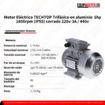 Motor Eléctrico TECHTOP Trifásico en aluminio IE3 1hp 1800rpm (IP55) -Equipmaster