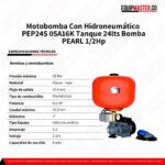 Motobomba Con Hidroneumático PEP24S 05A16K WETPRESS Tanque 24lts Bomba PEARL - Imagen 3
