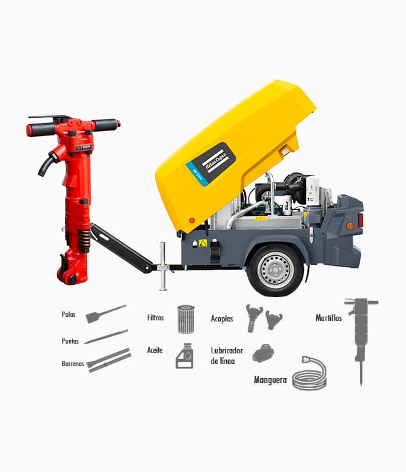 Compresor portaril ATLAS COPCO Tipo tornillo XAS88KD + 1 Martillo -Equipmaster Compresor portaril ATLAS COPCO Tipo tornillo XAS88KD + 1 Martillo -Equipmaster