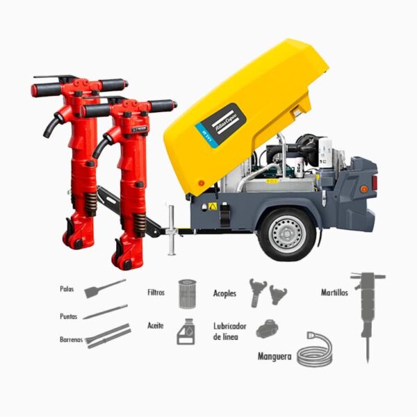 Compresor portaril ATLAS COPCO Tipo tornillo XAS88KD + 2 Martillos -Equipmaster