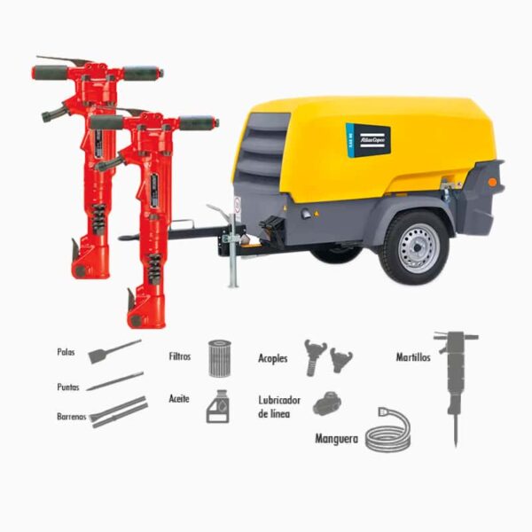 Compresor portaril ATLAS COPCO Tipo tornillo XAS98KD + 2 Martillos -Equipmaster