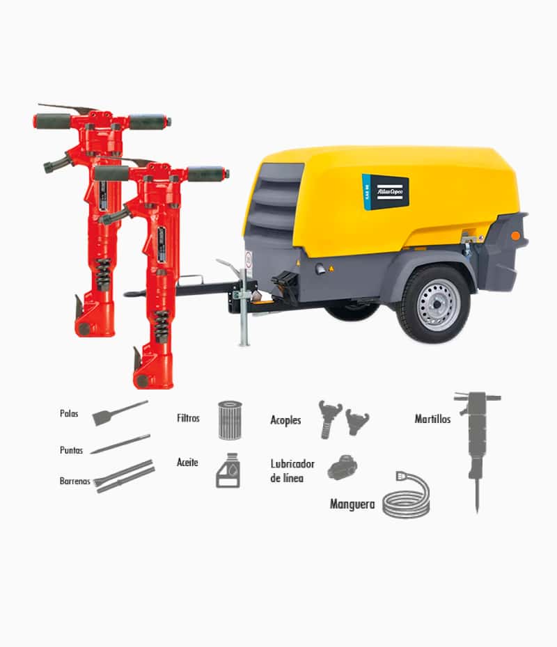 Compresor portaril ATLAS COPCO Tipo tornillo XAS98KD + 2 Martillos -Equipmaster Compresor portaril ATLAS COPCO Tipo tornillo XAS98KD + 2 Martillos -Equipmaster