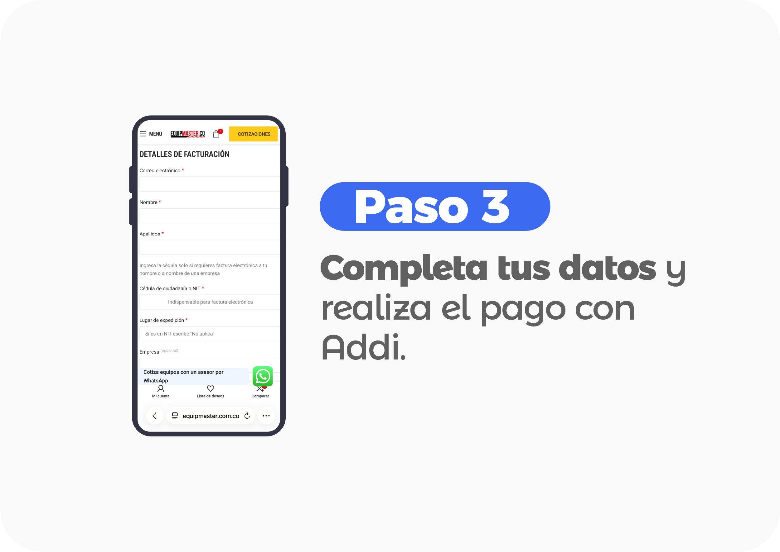 Paso 3 Completa tus datos y paga con Addi Equipmaster